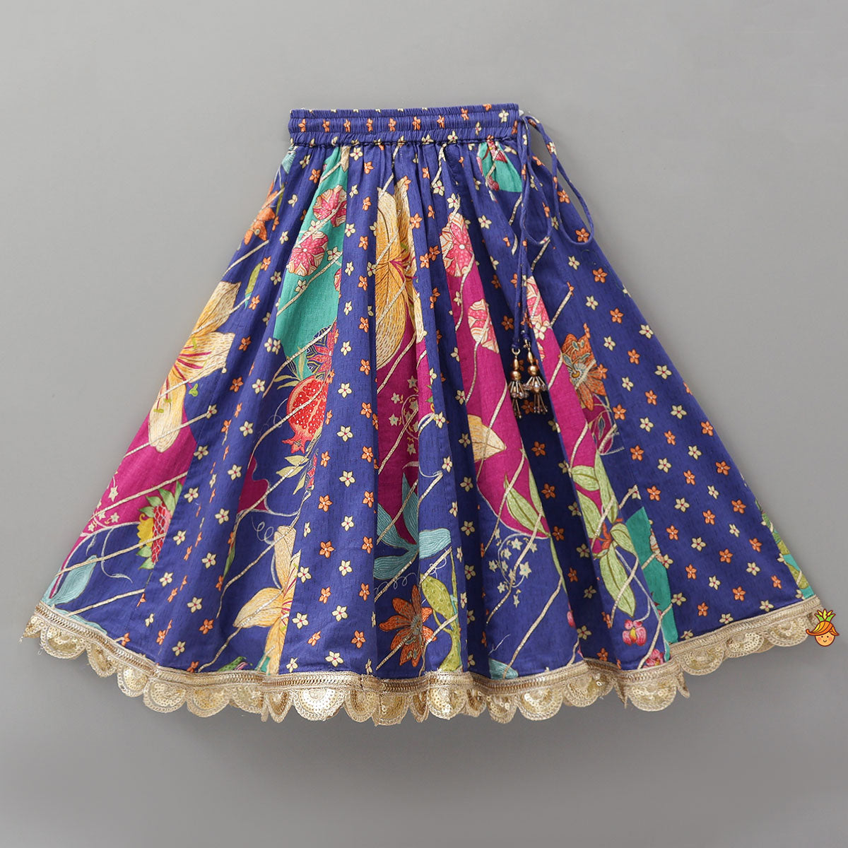 Pre Order: Floral Printed Embellished Top And Gota Lace Work Lehenga