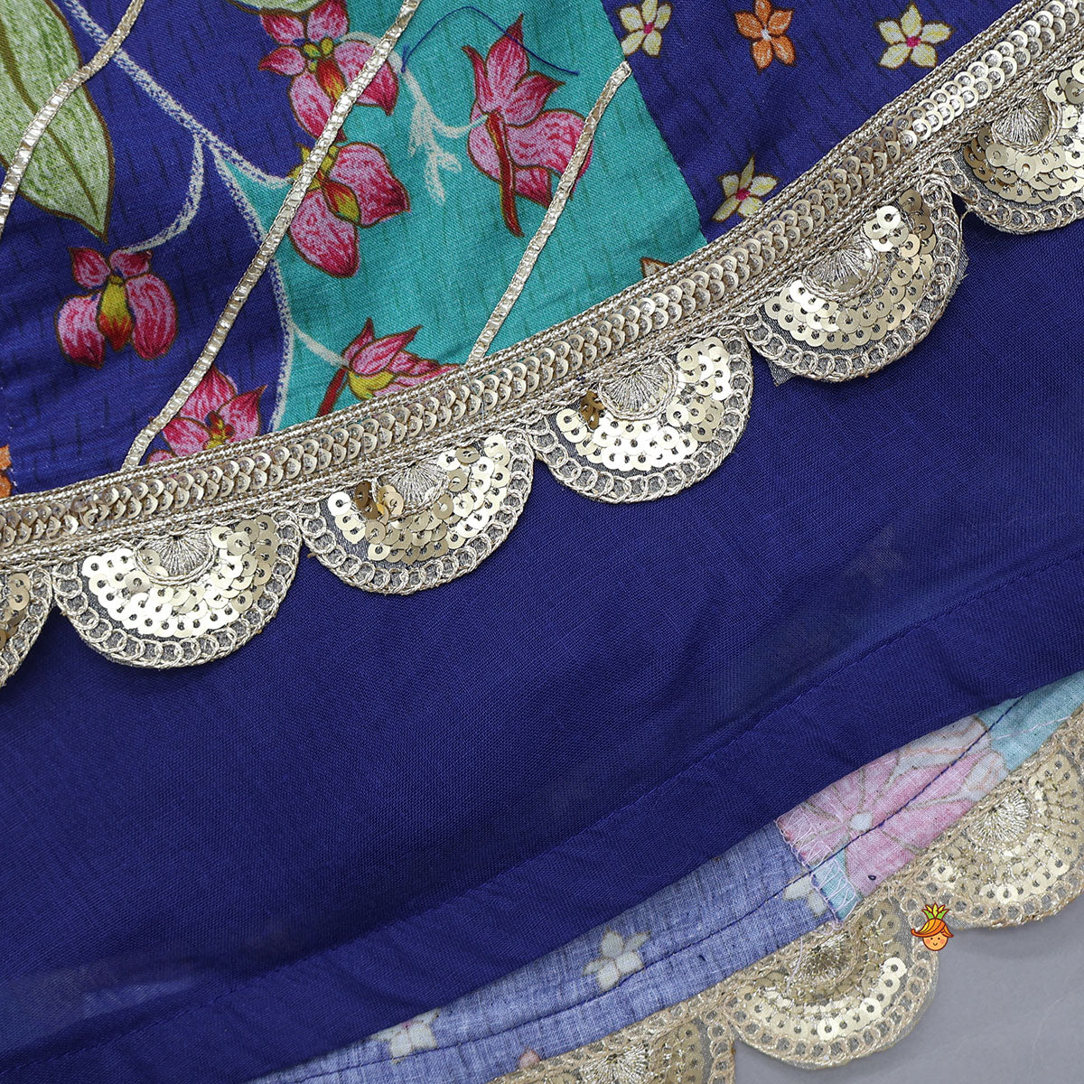 Pre Order: Floral Printed Embellished Top And Gota Lace Work Lehenga