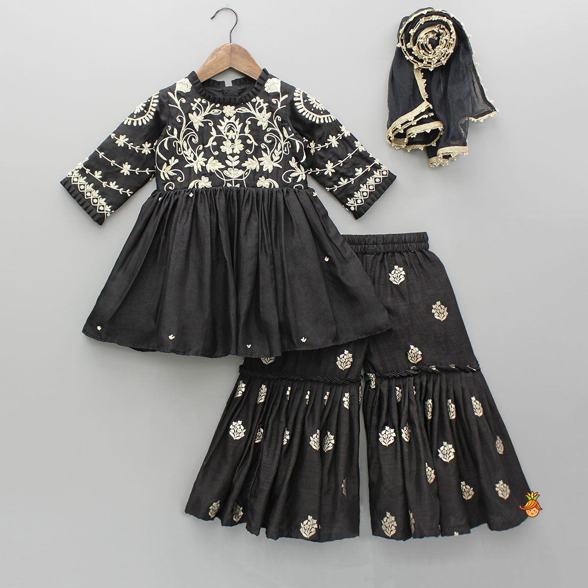 Pre Order: Black Embroidered Pleats Detailed Kurti And Sharara With Dupatta