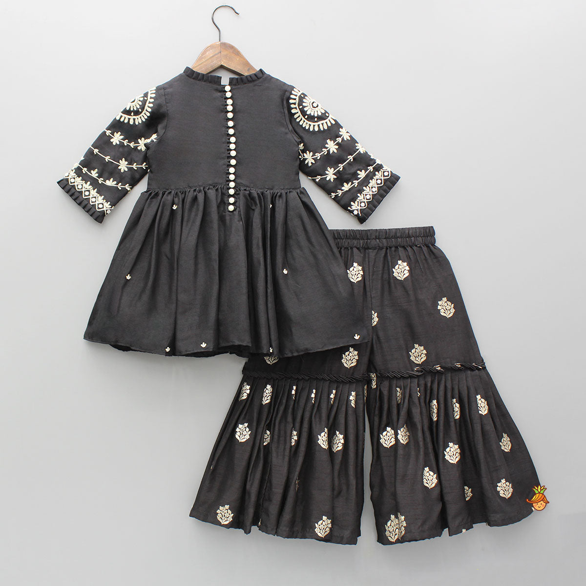 Pre Order: Black Embroidered Pleats Detailed Kurti And Sharara With Dupatta