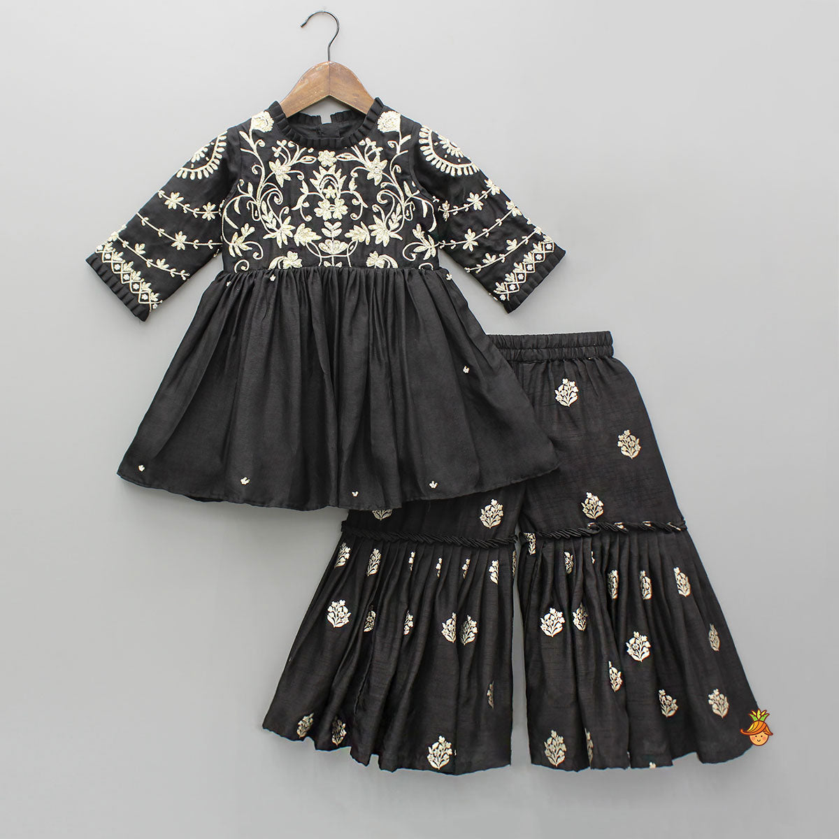 Pre Order: Black Embroidered Pleats Detailed Kurti And Sharara With Dupatta