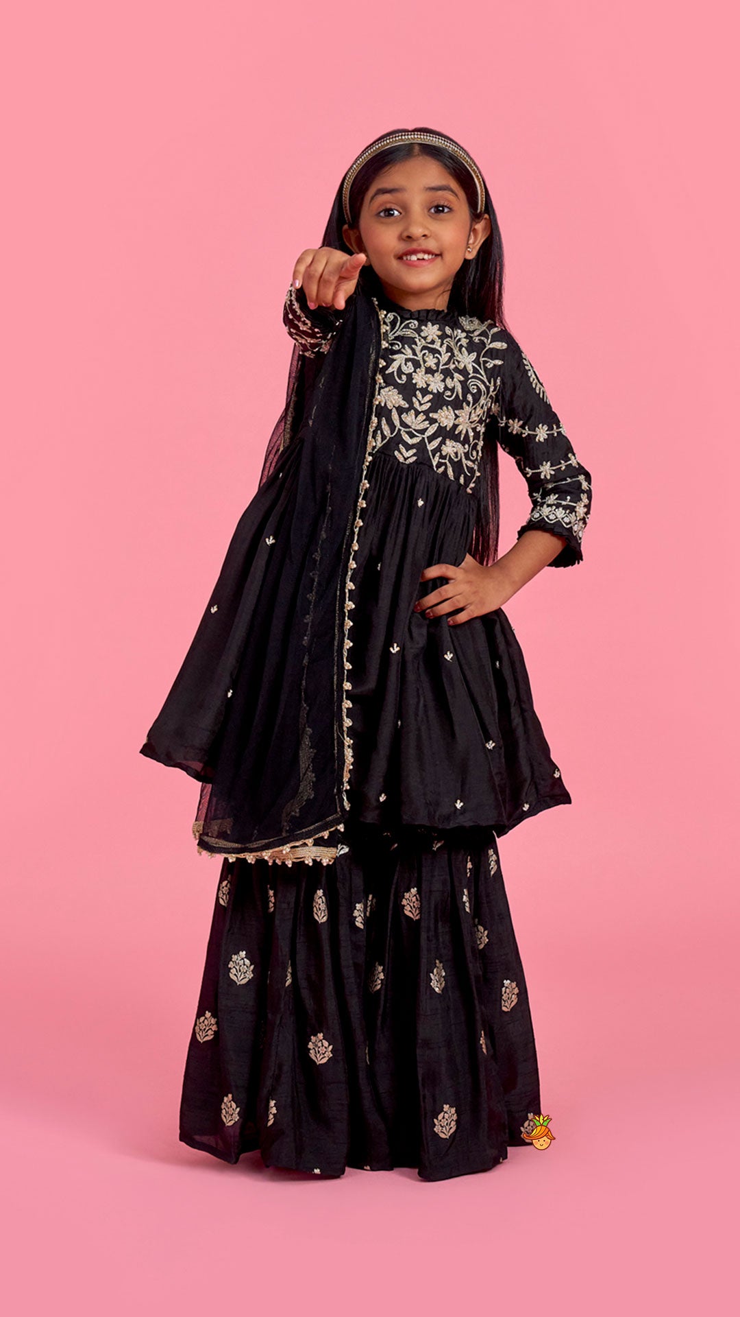 Pre Order: Black Embroidered Pleats Detailed Kurti And Sharara With Dupatta