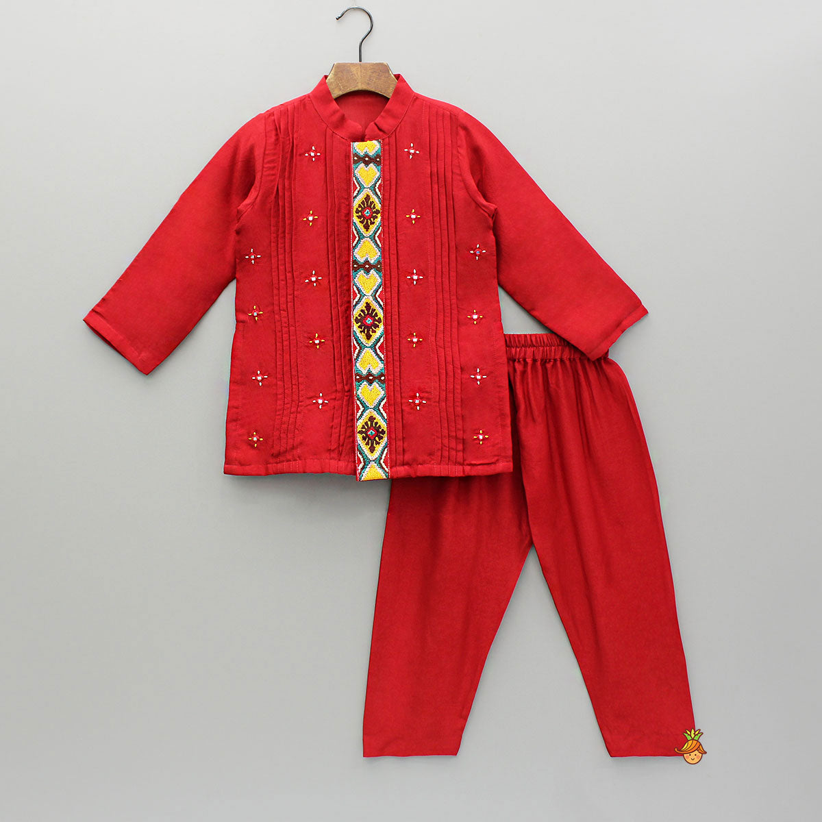 Pre Order: Red Embroidered And Pintuck Detailed Kurta With Pyjama