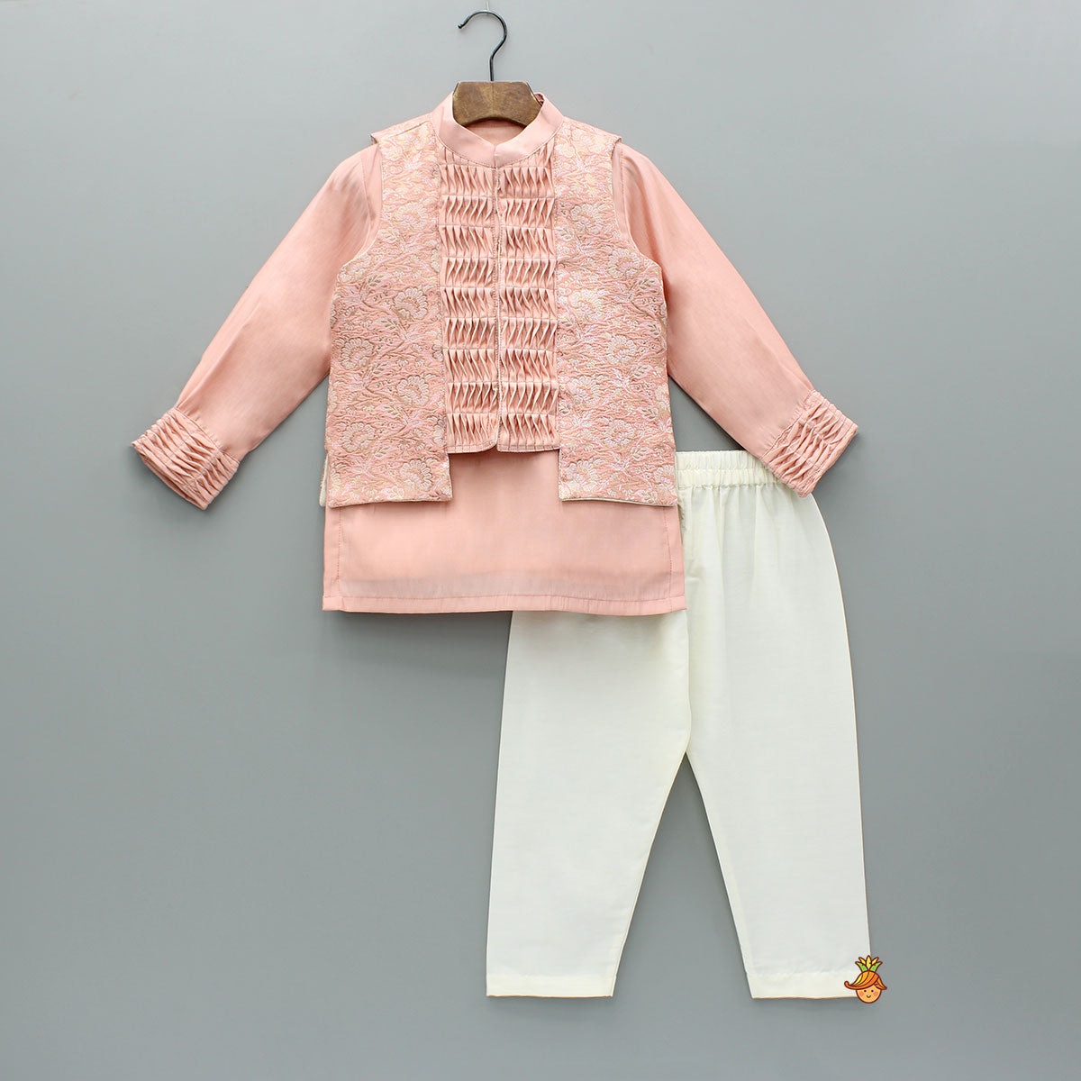 Pre Order: Peach Embroidered Kurta And Pintuck Detailed Jacket With Pyjama