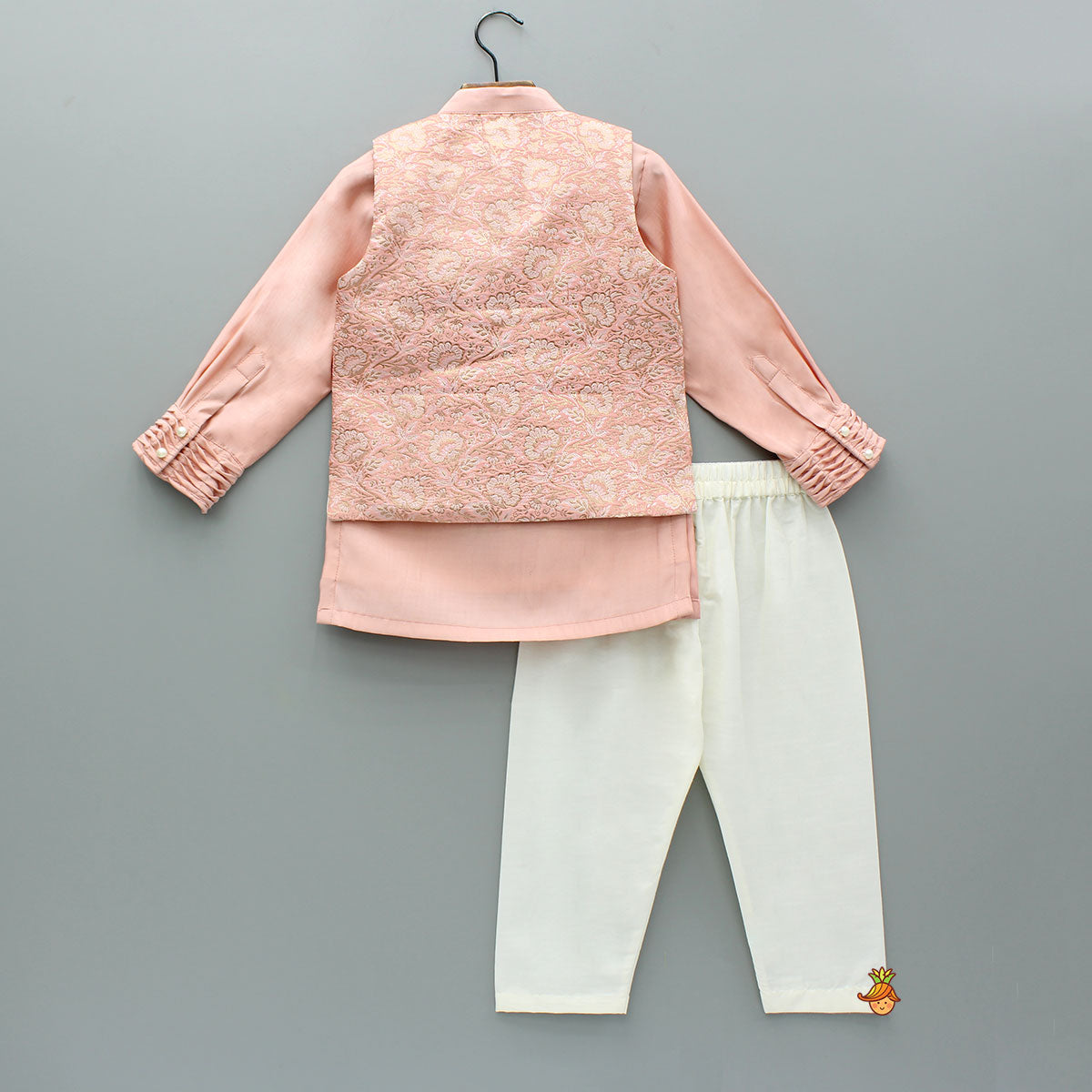 Pre Order: Peach Embroidered Kurta And Pintuck Detailed Jacket With Pyjama