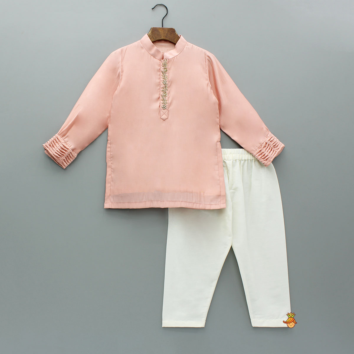 Pre Order: Peach Embroidered Kurta And Pintuck Detailed Jacket With Pyjama