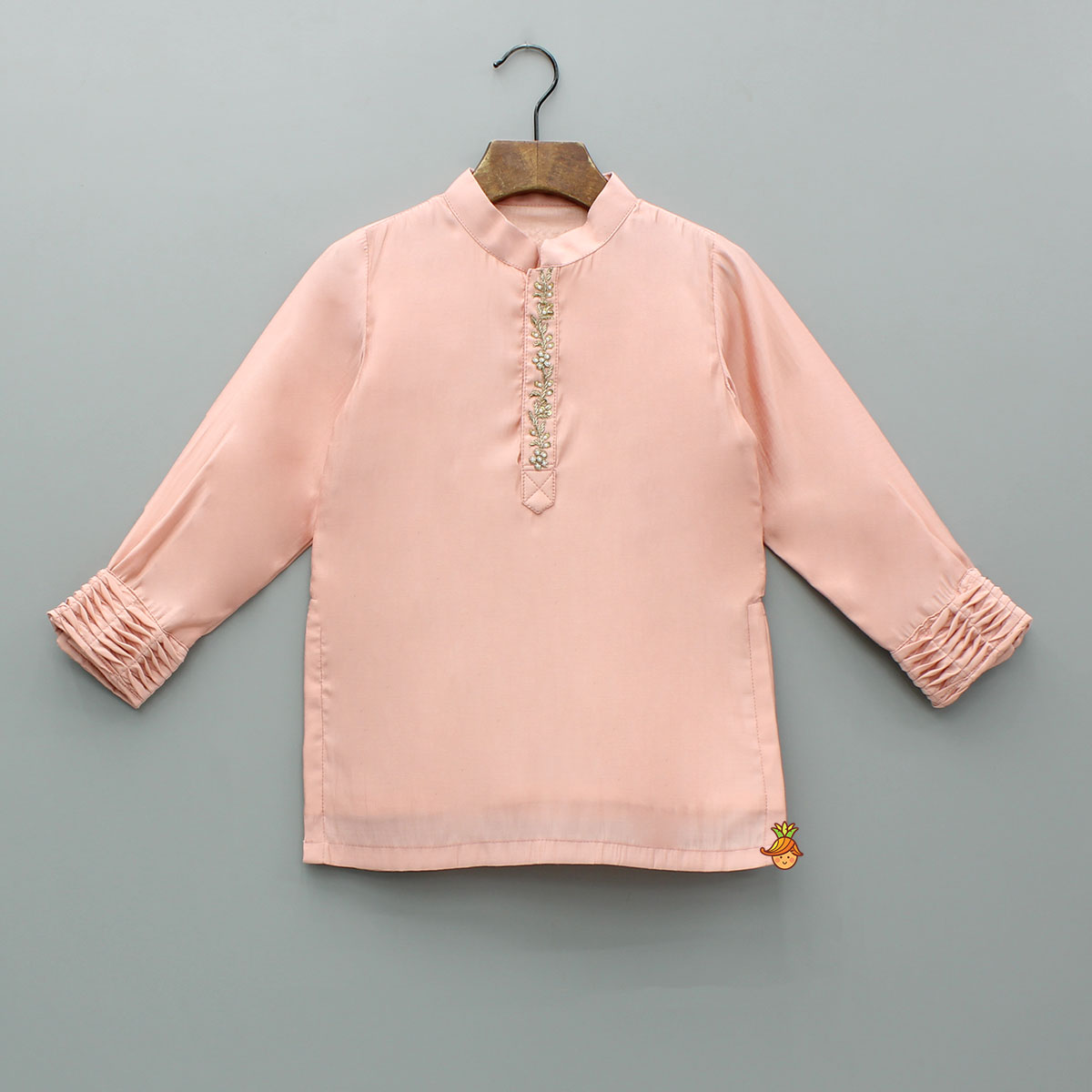 Pre Order: Peach Embroidered Kurta And Pintuck Detailed Jacket With Pyjama