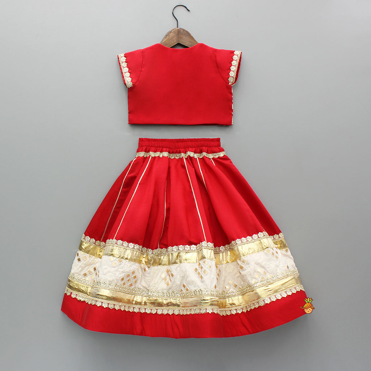 Pre Order: Red Gota Lace Work Embroidered Top And Lehenga With Dupatta