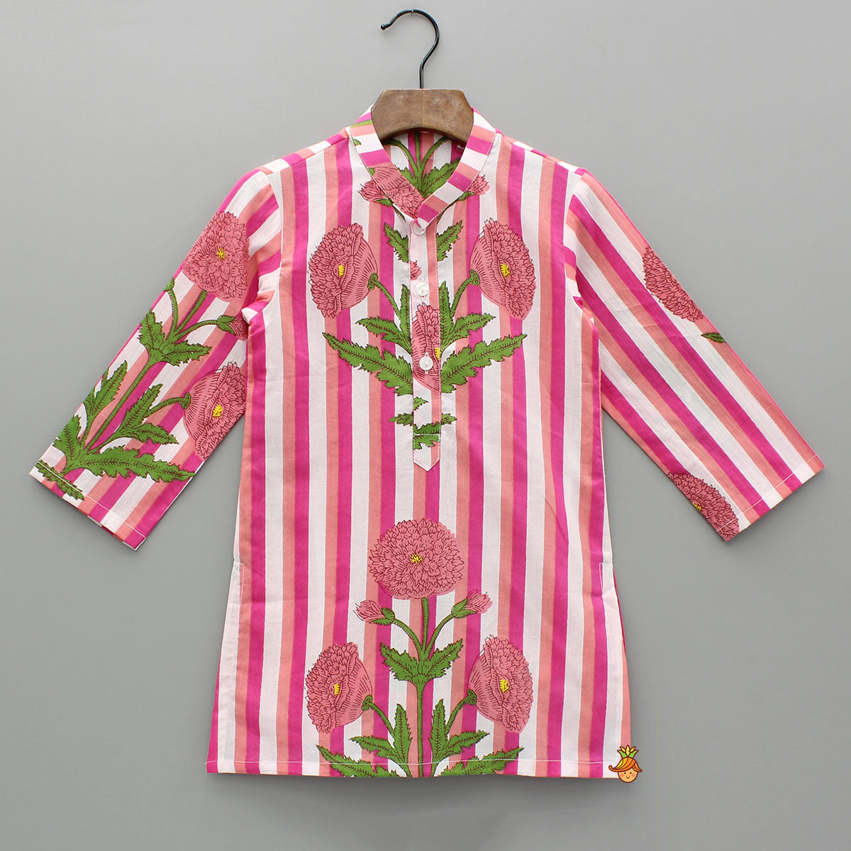 Pre Order: Pink Floral Printed Kurta With Gota Lace Detailed Jacket And Pyjama