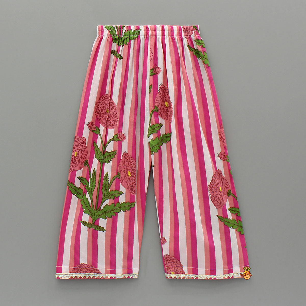 Pre Order: Pink Printed Gota Lace Detailed Kurti And Pant