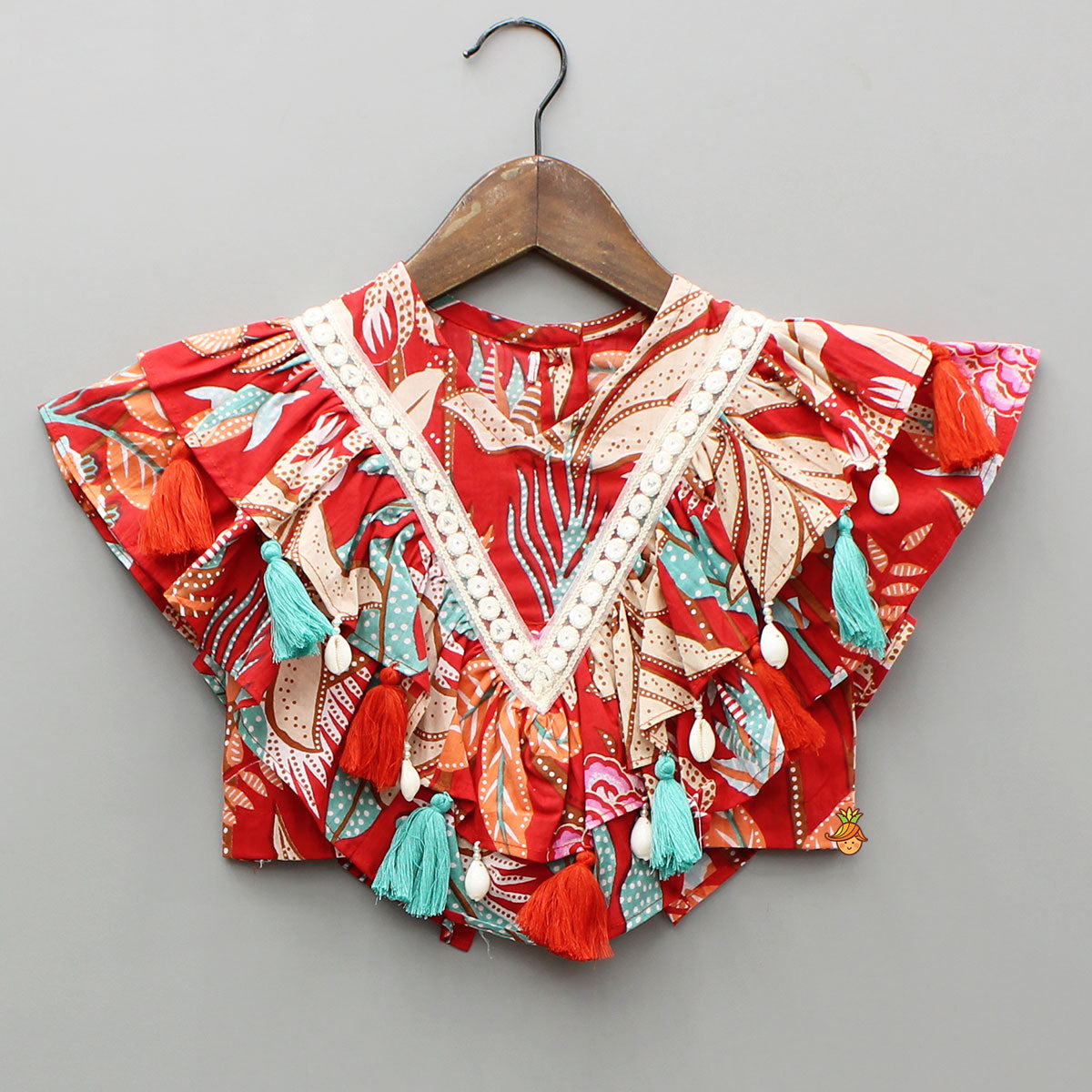 Pre Order: Red Multicolour Printed Top With Frilly Layers And Lehenga