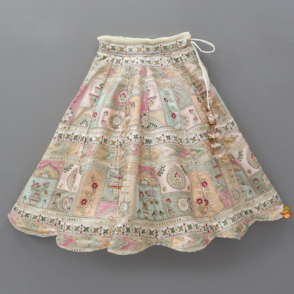 Pre Order: Off White Multicolour Embroidered And Embellished Top With Lehenga