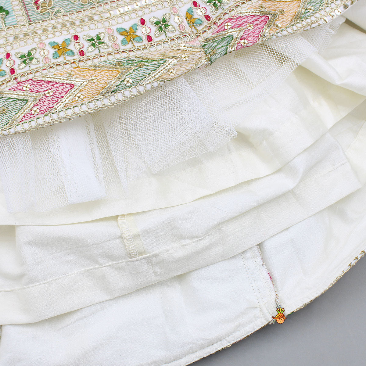 Pre Order: Off White Multicolour Embroidered And Embellished Top With Lehenga