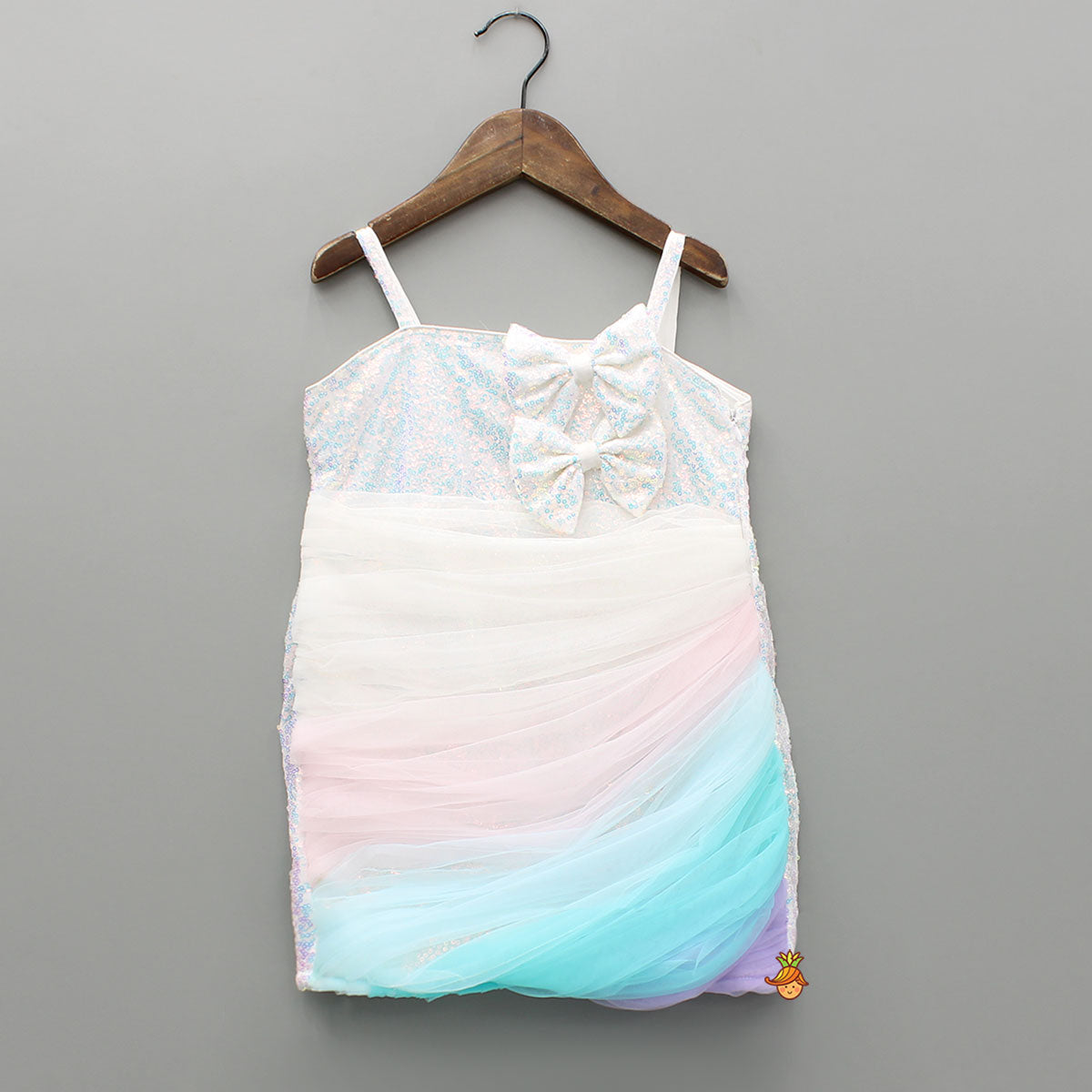 Pre Order: White Sequin Embellished Strappy Dress With Detachable Multicolour Trail