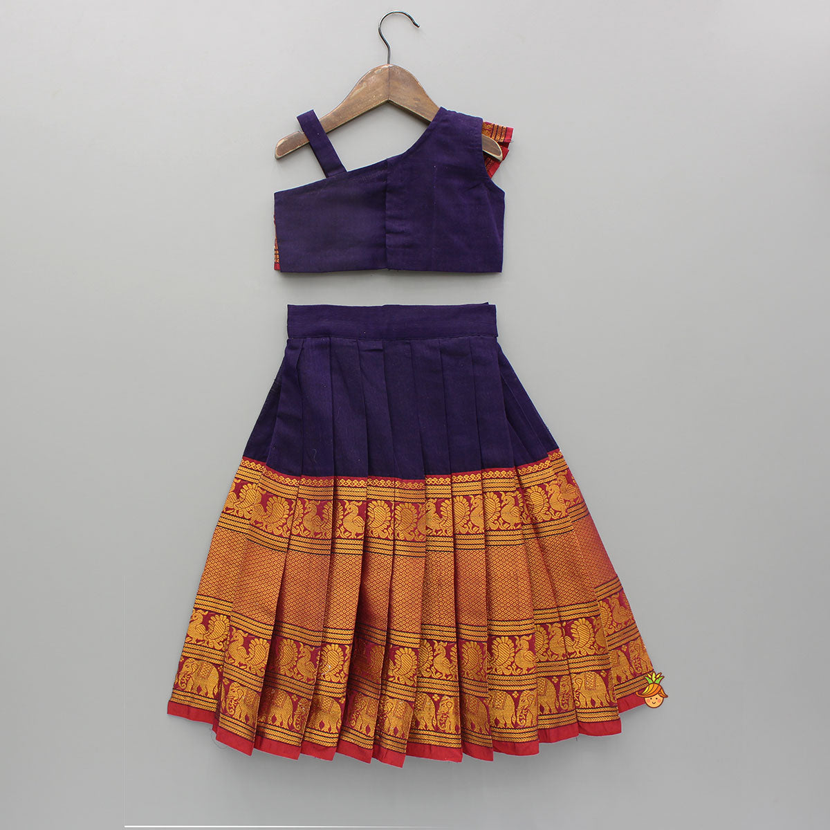 Pre Order: Purple One Shoulder Pleats Detailed Top And Pleated Lehenga