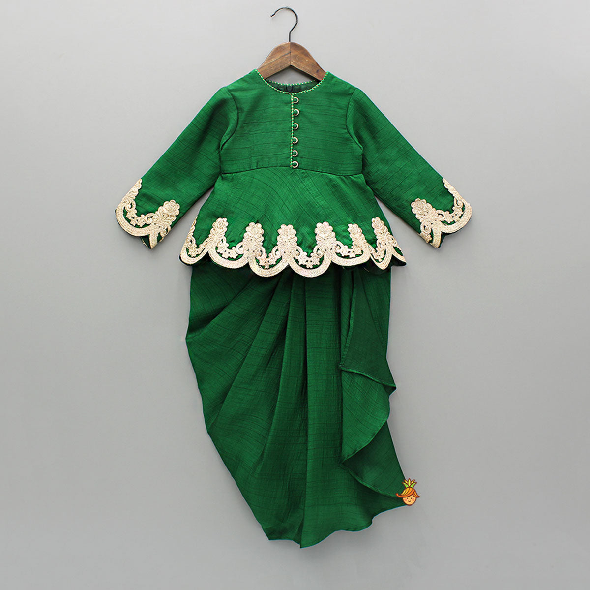 Pre Order: Green Embroidered Peplum Top And Stylish Dhoti Skirt