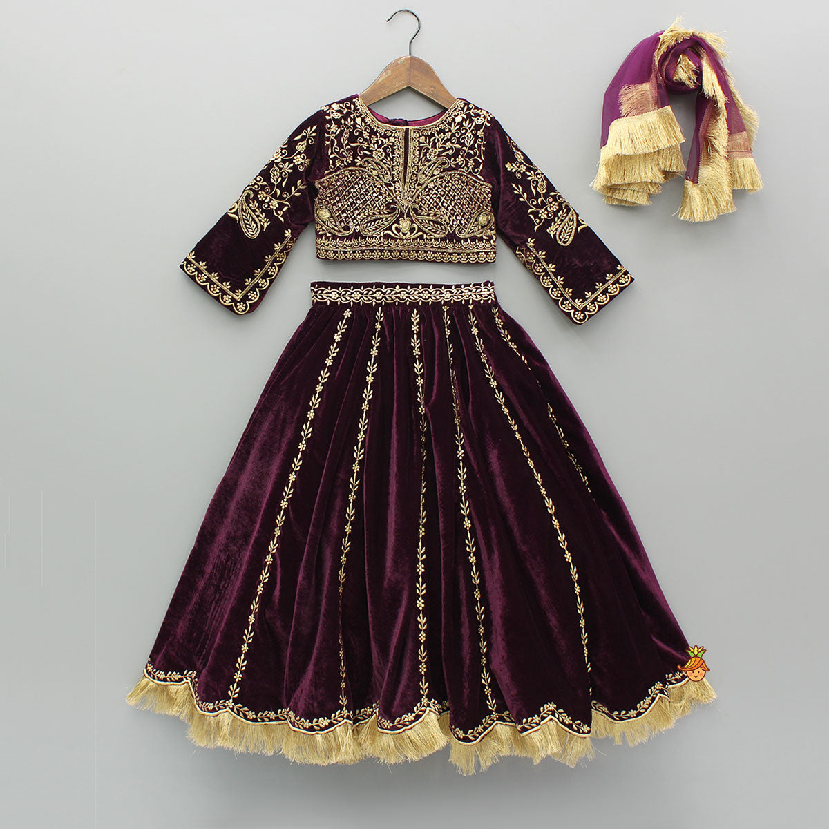 Pre Order: Velvet Embroidered Top And Lehenga With Dupatta