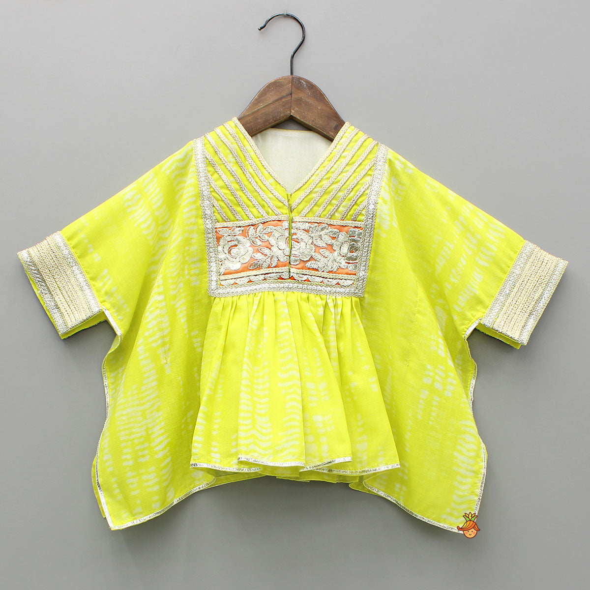 Pre Order: Green Shibori Printed Embellished Kaftan Top And Multicolour Sharara With Dupatta