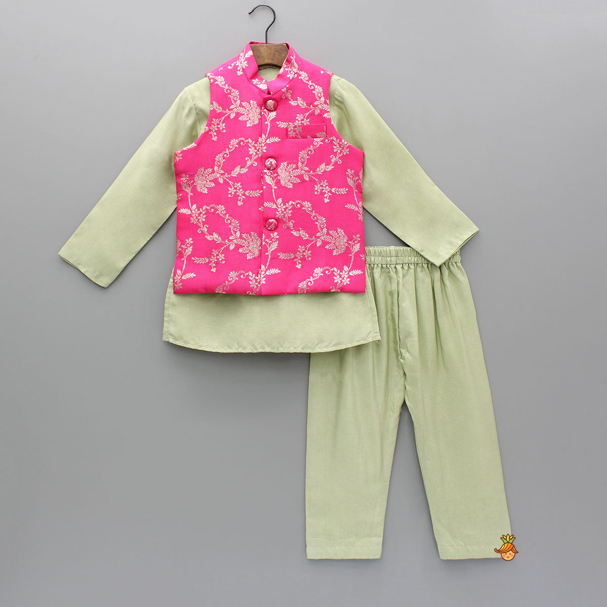 Pre Order: Green Kurta And Pink Embroidered Jacket With Pyjama