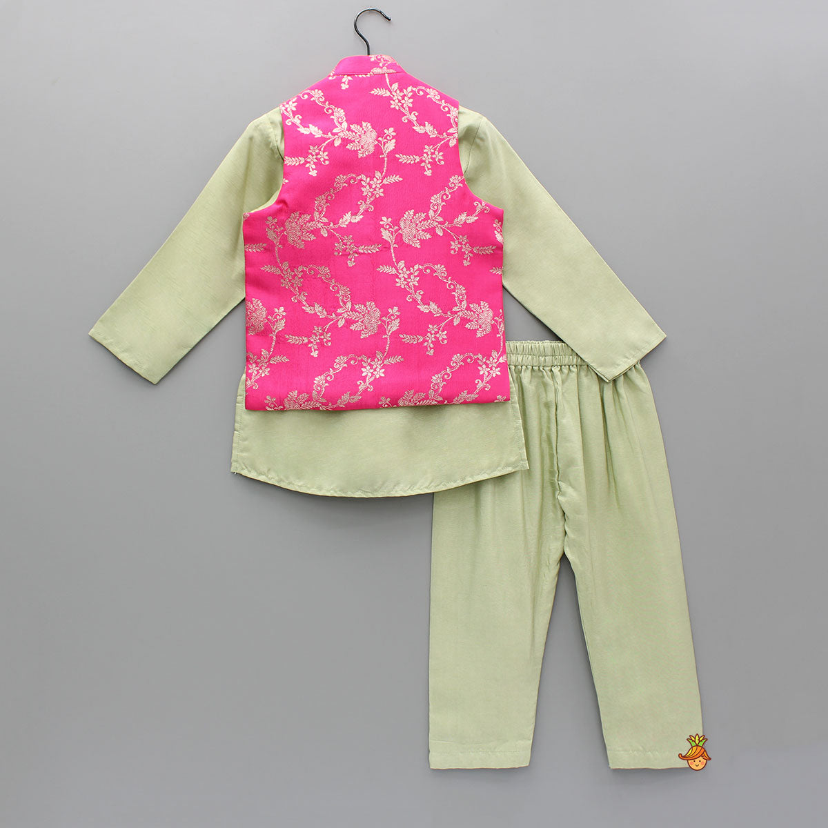 Pre Order: Green Kurta And Pink Embroidered Jacket With Pyjama