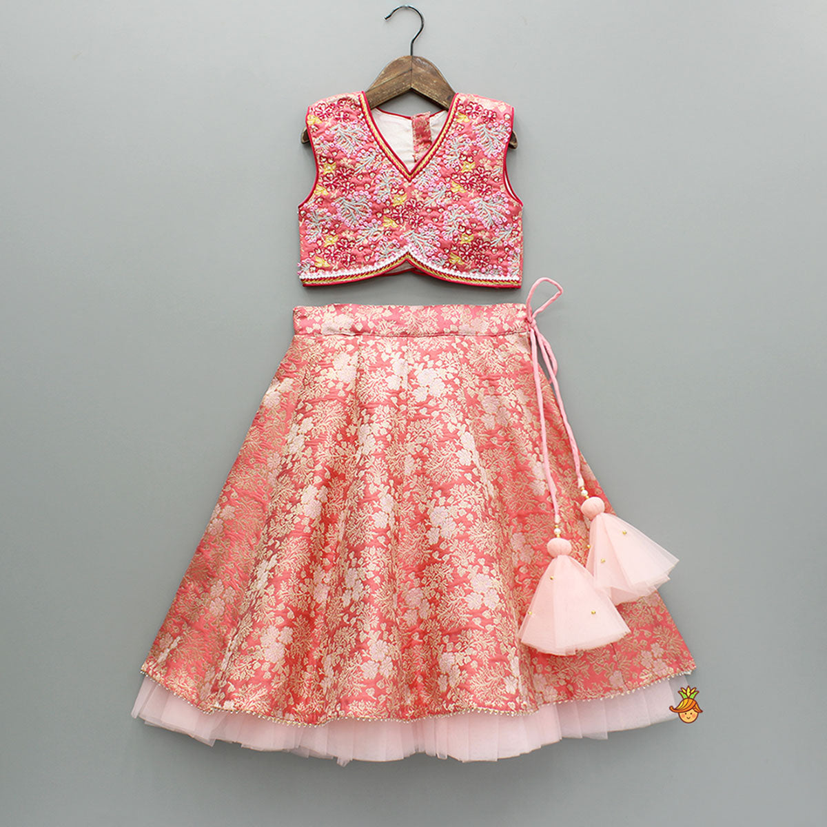 Pre Order: Peach Embroidered Top And Lehenga With Dupatta