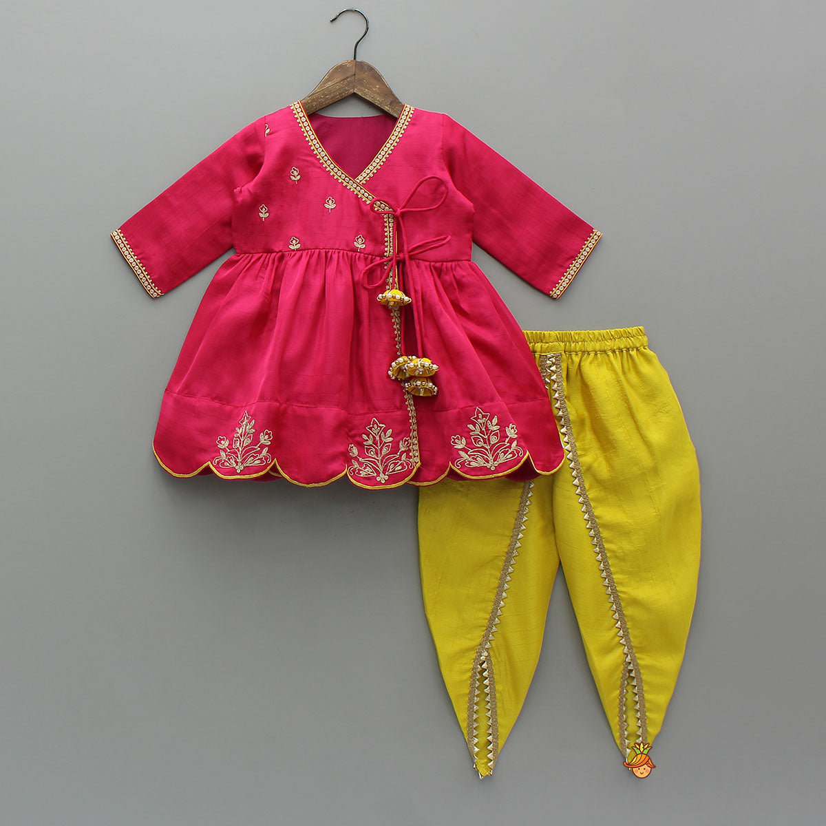 Pre Order: Pink Embroidered Angarkha Style Kurti And Tulip Dhoti