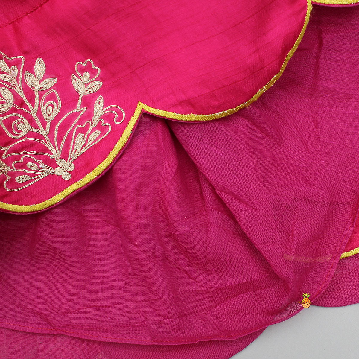 Pre Order: Pink Embroidered Angarkha Style Kurti And Tulip Dhoti