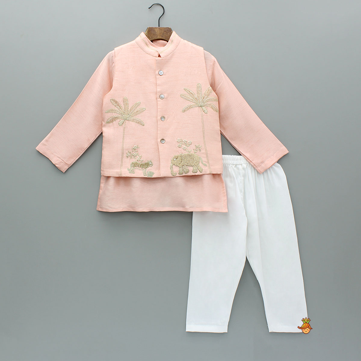 Pre Order: Peach Kurta And Jungle Theme Embroidered Jacket With Pyjama