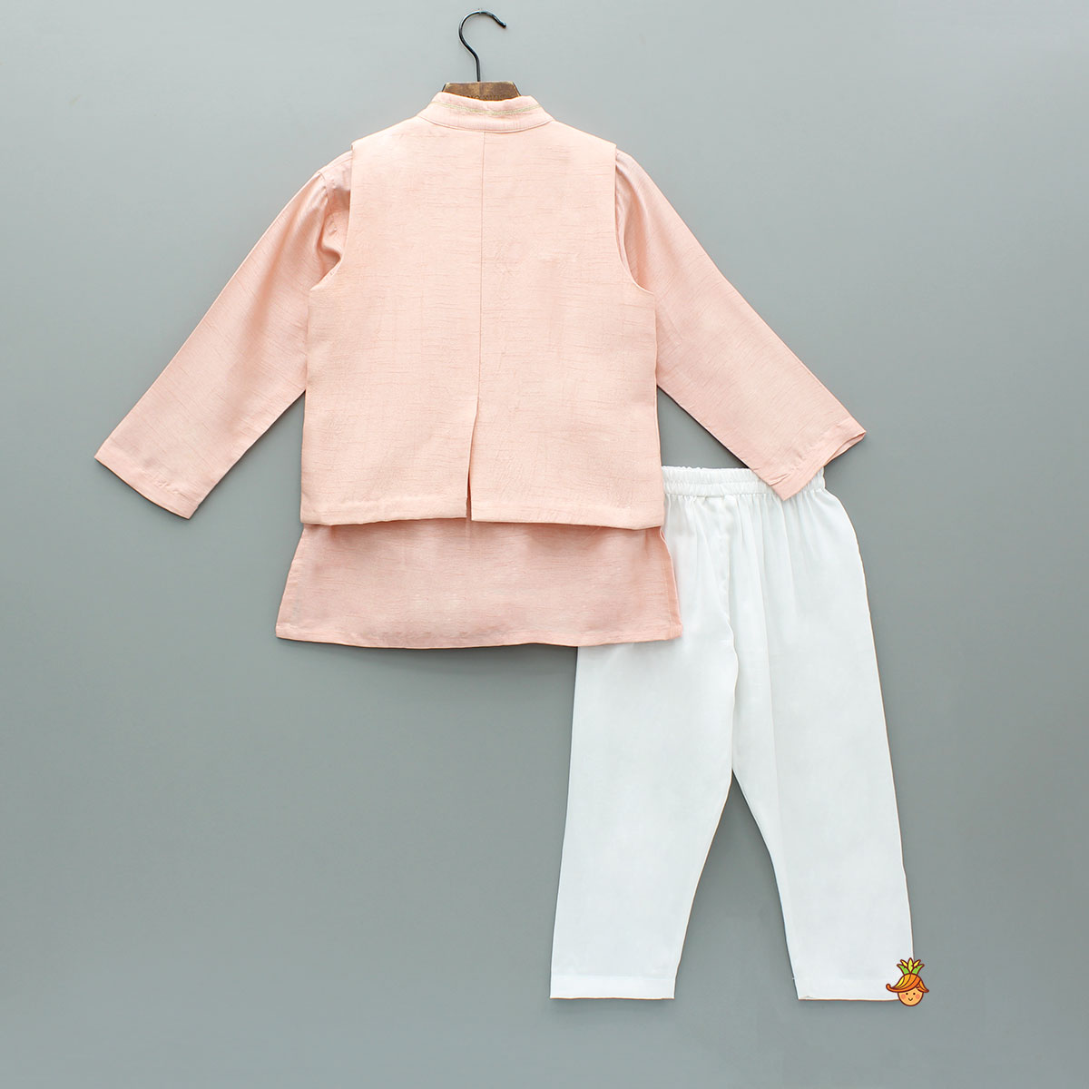 Pre Order: Peach Kurta And Jungle Theme Embroidered Jacket With Pyjama