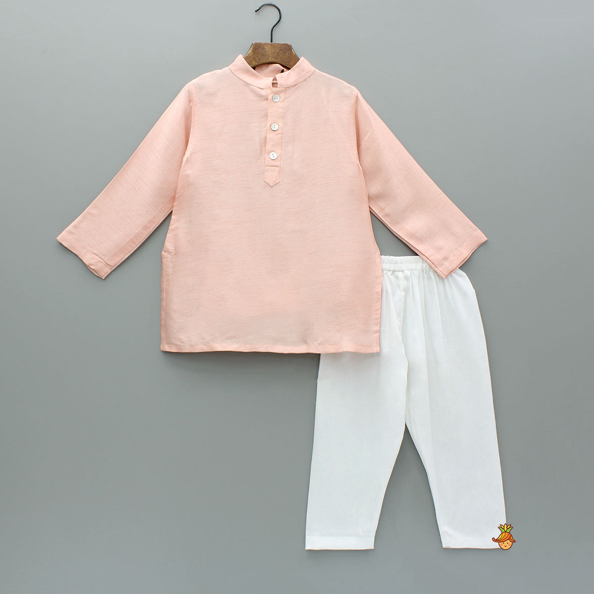 Pre Order: Peach Kurta And Jungle Theme Embroidered Jacket With Pyjama