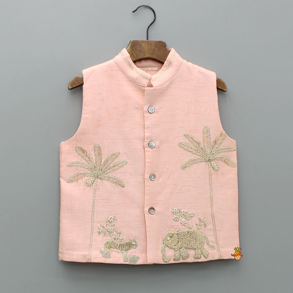 Pre Order: Peach Kurta And Jungle Theme Embroidered Jacket With Pyjama