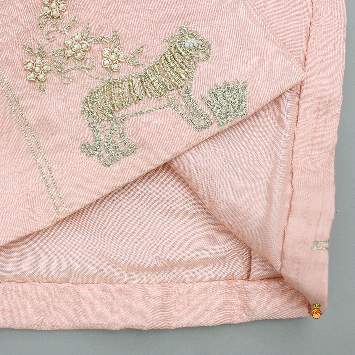 Pre Order: Peach Kurta And Jungle Theme Embroidered Jacket With Pyjama