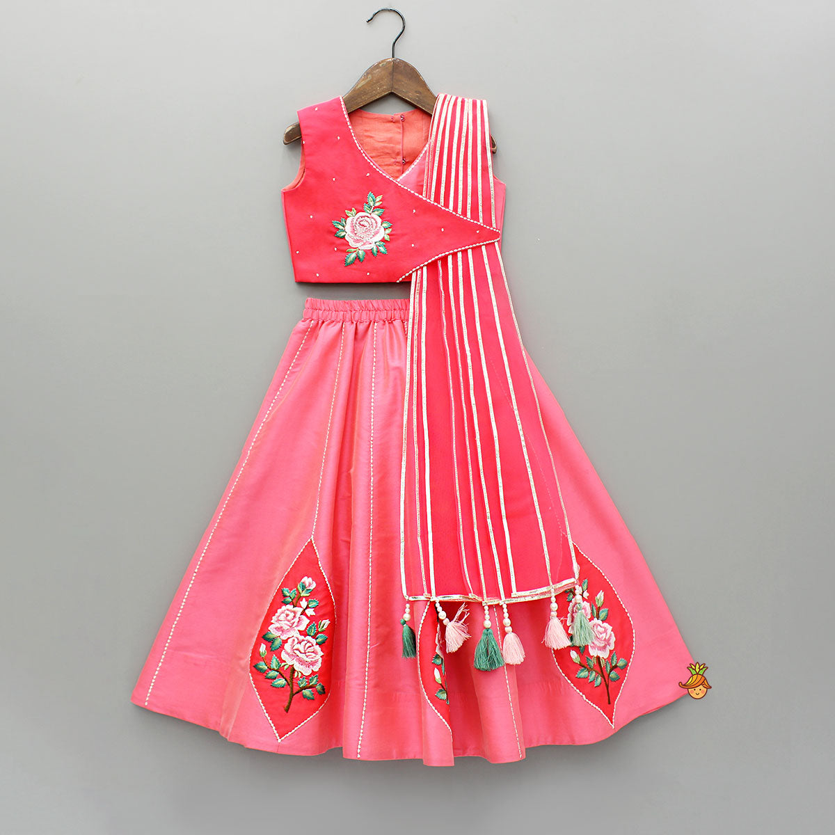 Pre Order: Pink Floral Embroidered Top With Attached Pleated Dupatta And Lehenga