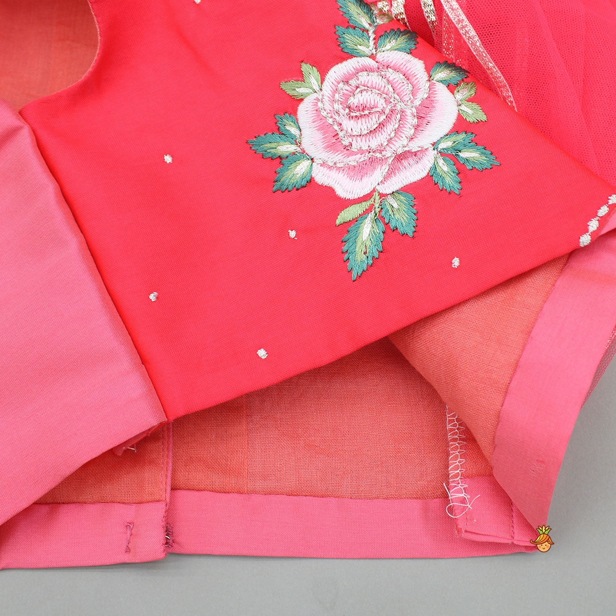 Pre Order: Pink Floral Embroidered Top With Attached Pleated Dupatta And Lehenga