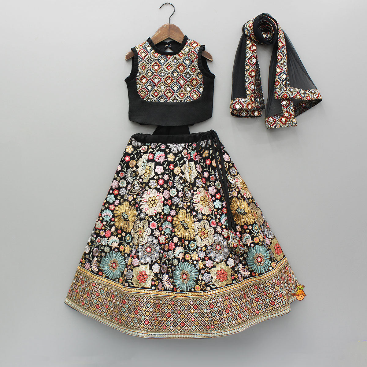 Pre Order: Black Multicolour Embroidered Top And Lehenga With Dupatta