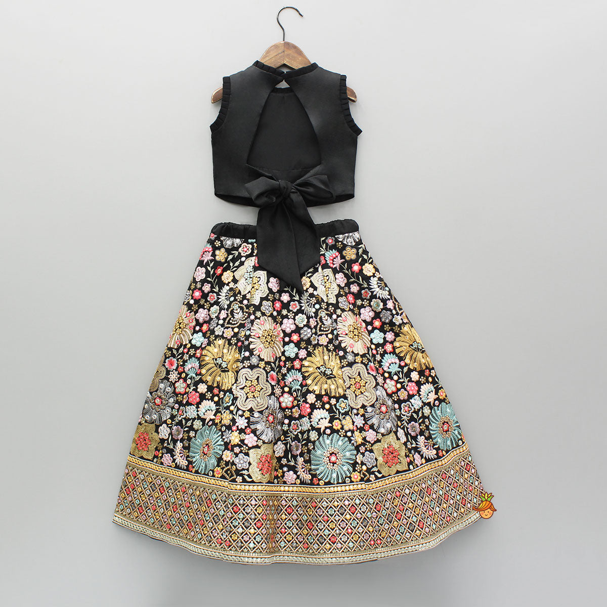 Pre Order: Black Multicolour Embroidered Top And Lehenga With Dupatta