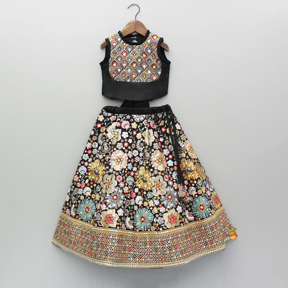 Pre Order: Black Multicolour Embroidered Top And Lehenga With Dupatta