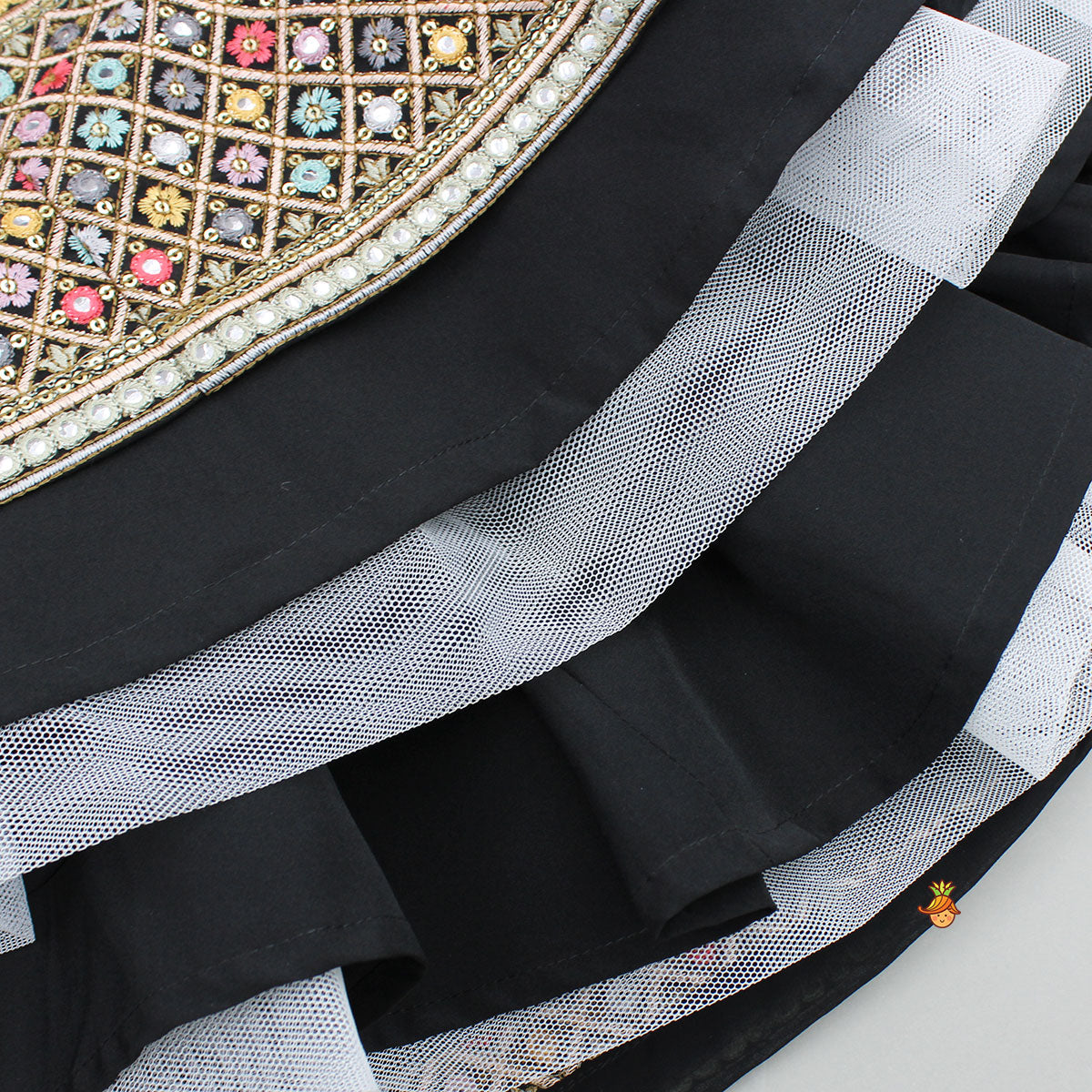 Pre Order: Black Multicolour Embroidered Top And Lehenga With Dupatta