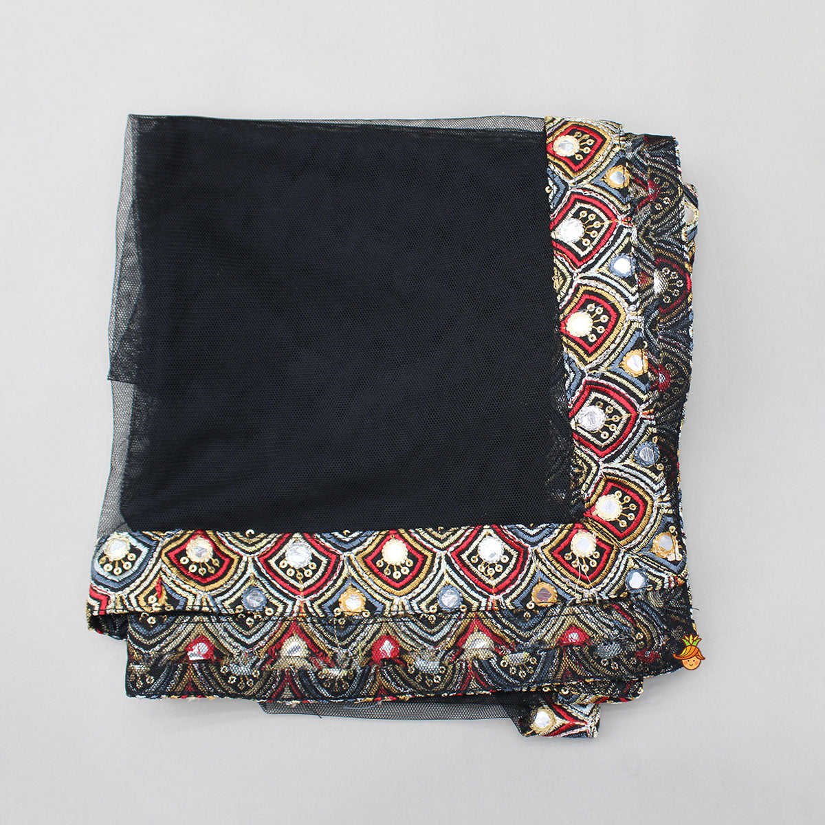 Pre Order: Black Multicolour Embroidered Top And Lehenga With Dupatta