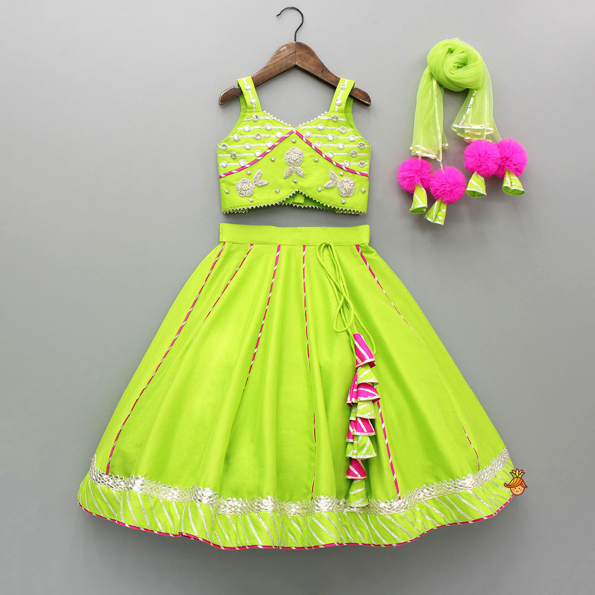 Pre Order: Green Embroidered Strappy Top And Lehenga With Dupatta