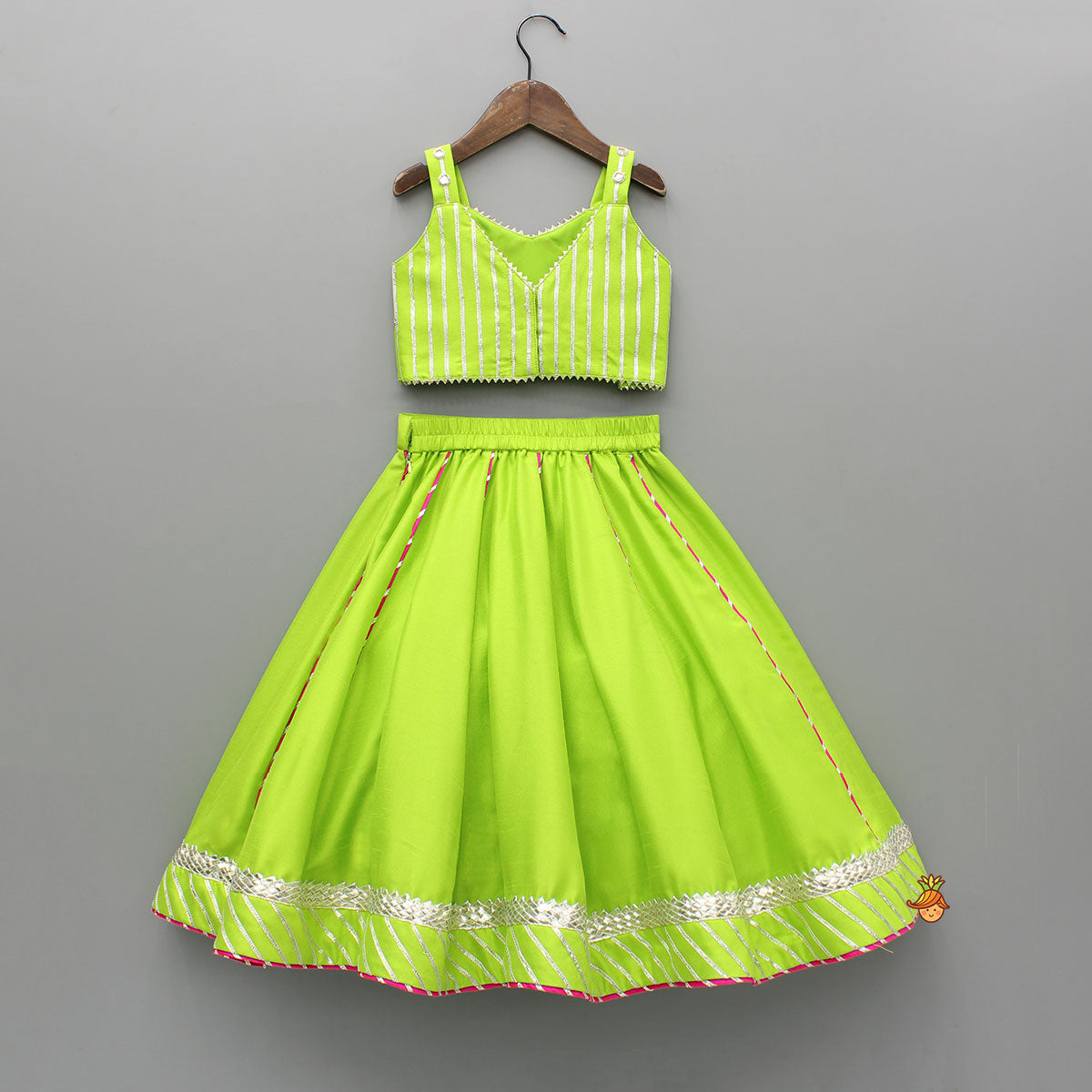 Pre Order: Green Embroidered Strappy Top And Lehenga With Dupatta