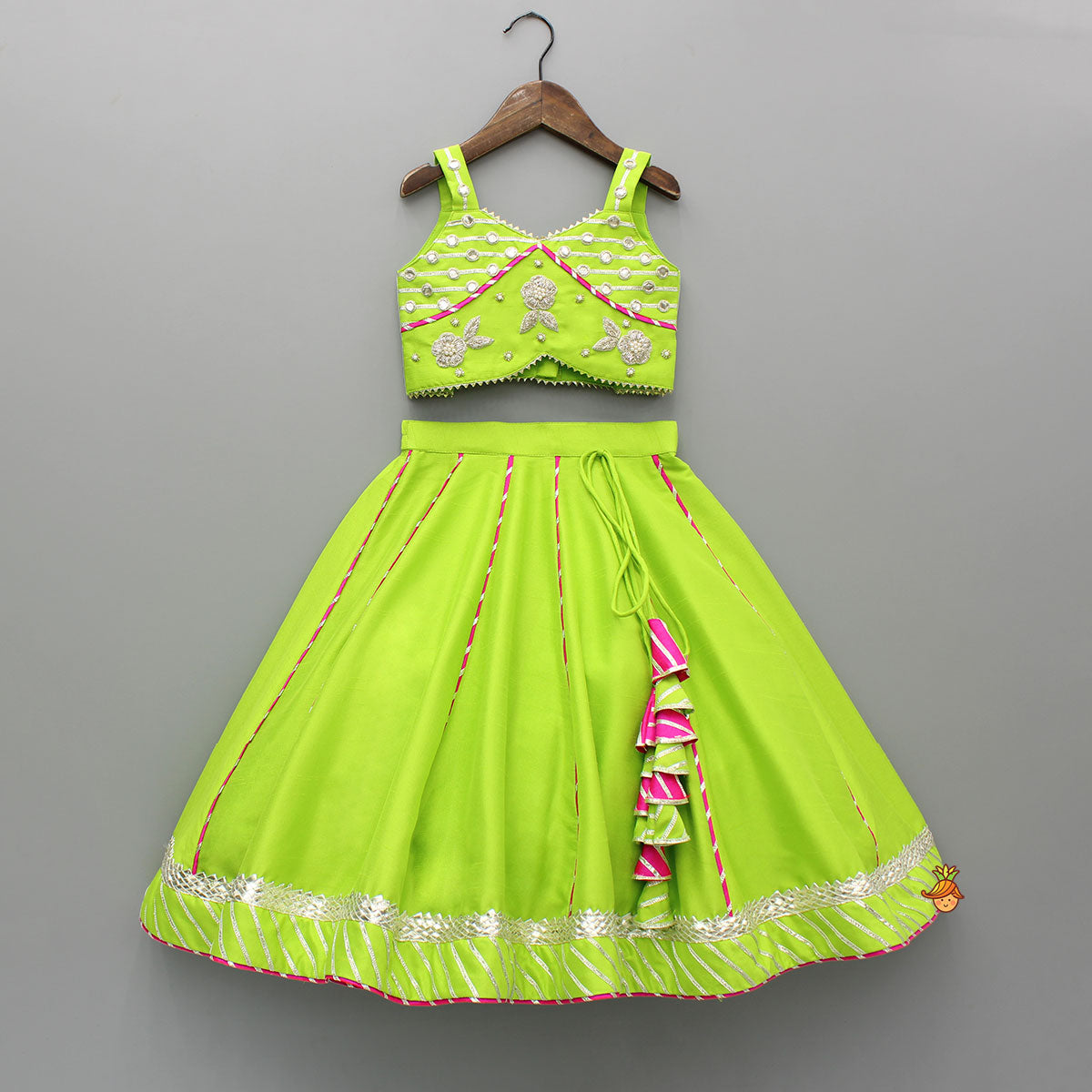 Pre Order: Green Embroidered Strappy Top And Lehenga With Dupatta