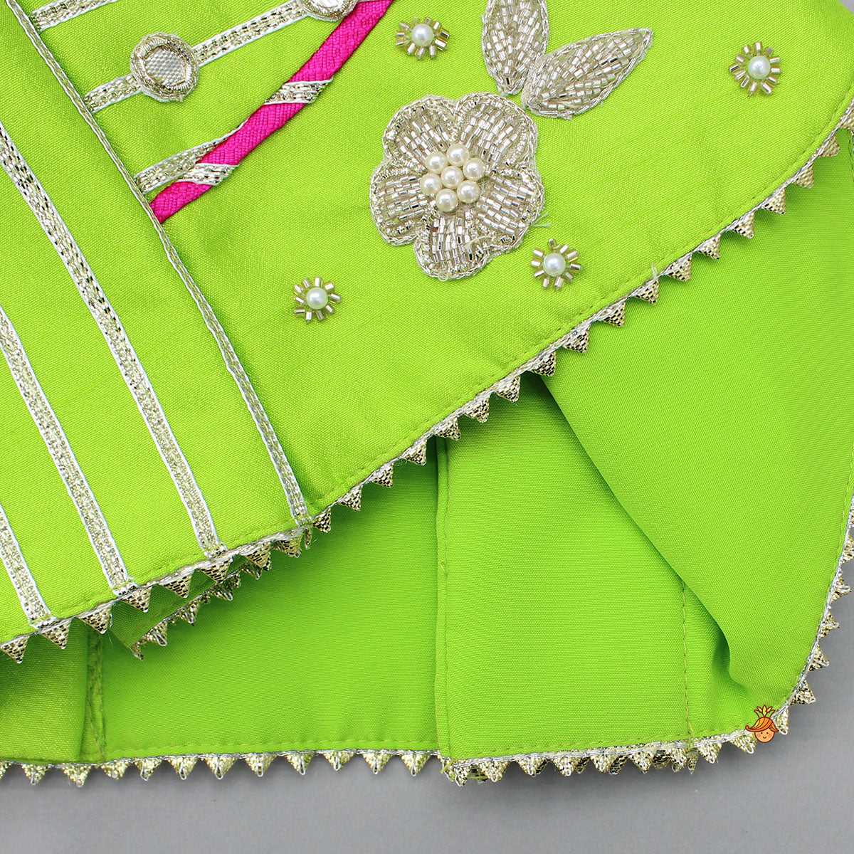 Pre Order: Green Embroidered Strappy Top And Lehenga With Dupatta