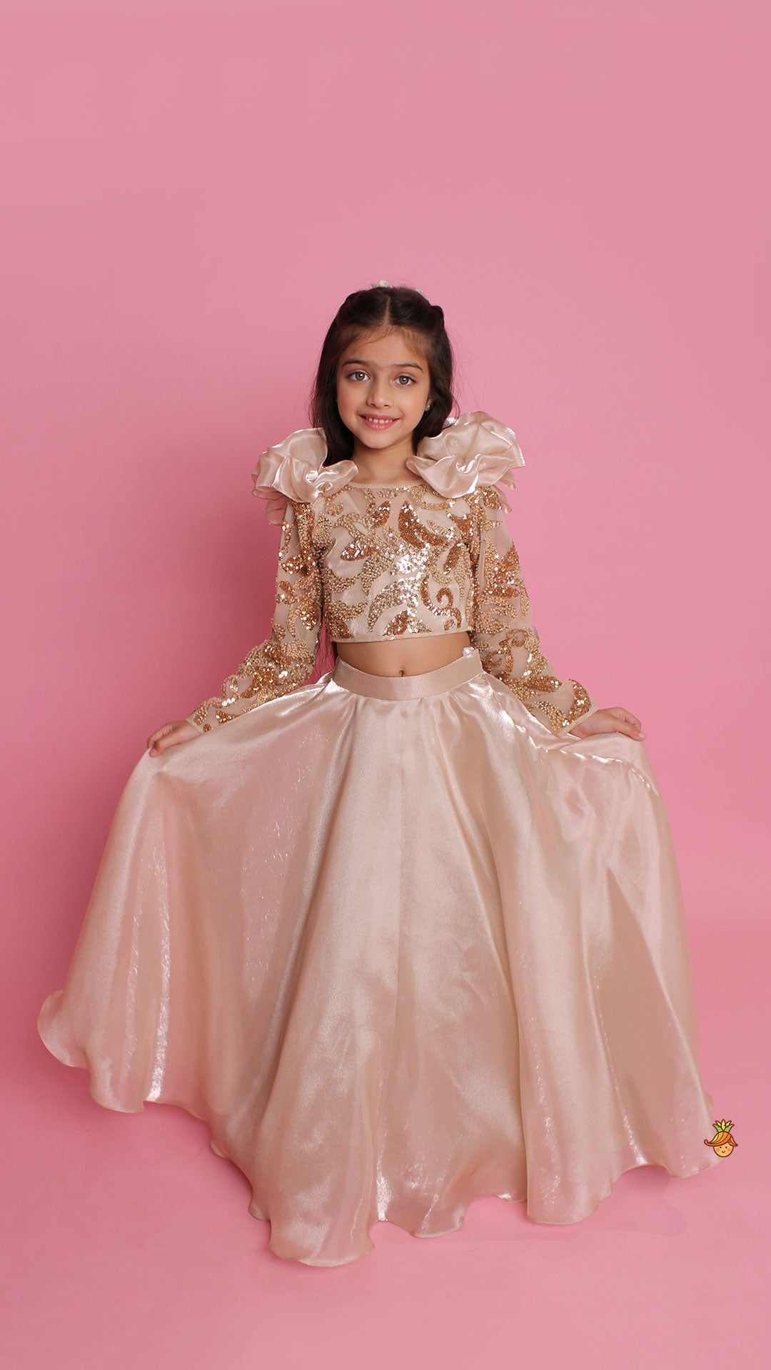 Pre Order: Embroidered Elegant Ruffle Detailed Top And Lehenga