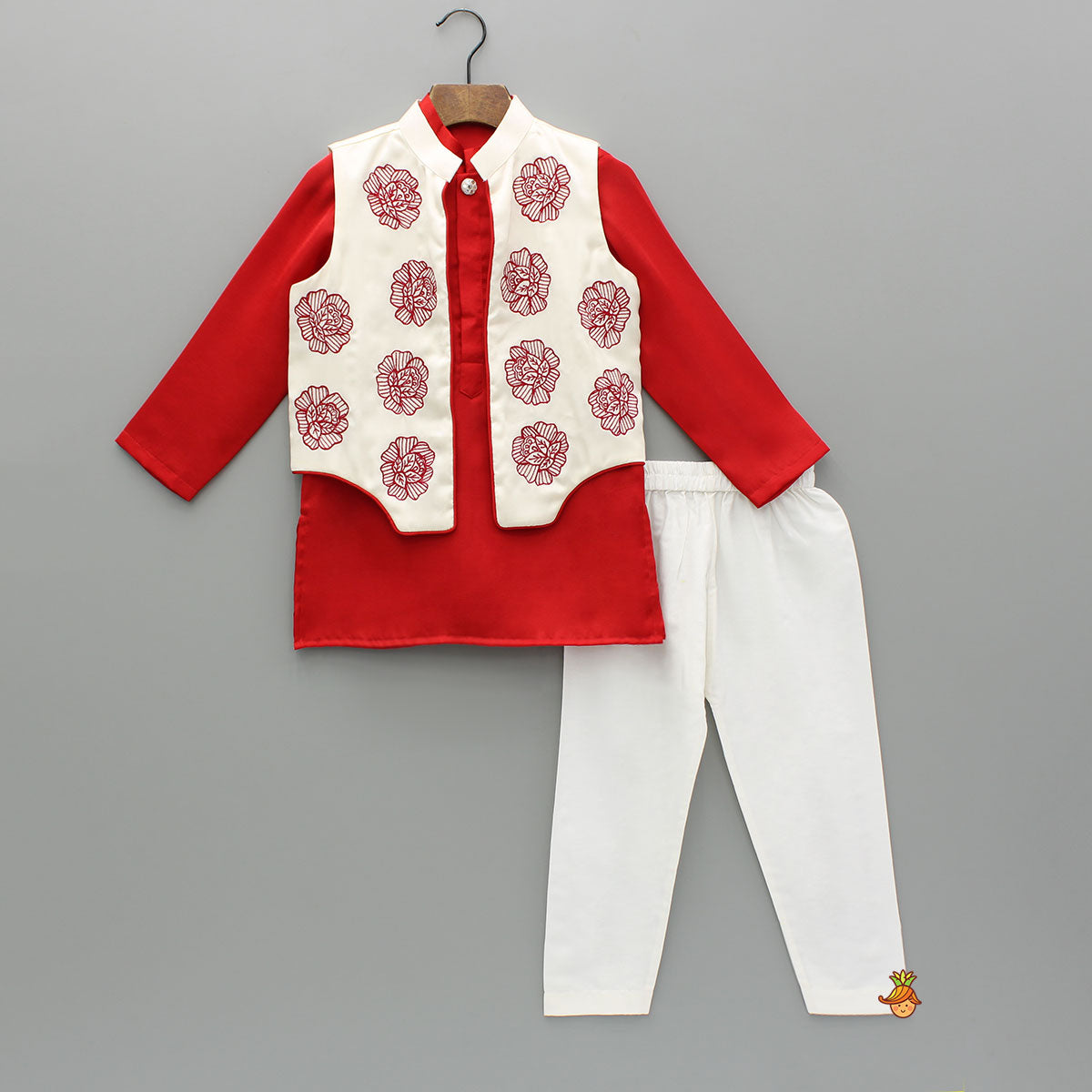 Pre Order: Red Kurta With Embroidered Front Open Jacket And Pyjama