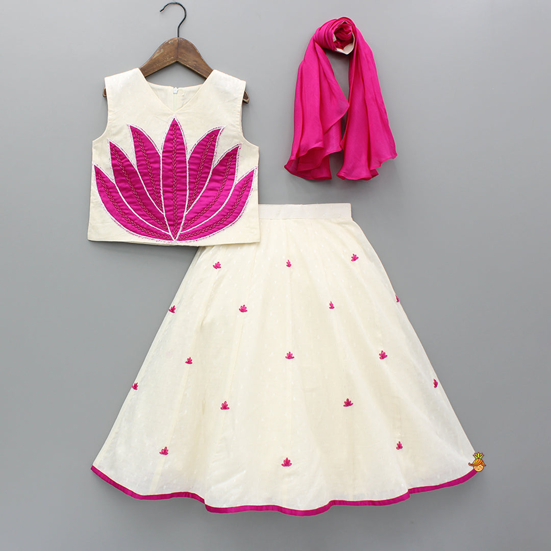 Pre Order: Pink Lotus Applique Embroidered Off White Top And Lehenga With Dupatta