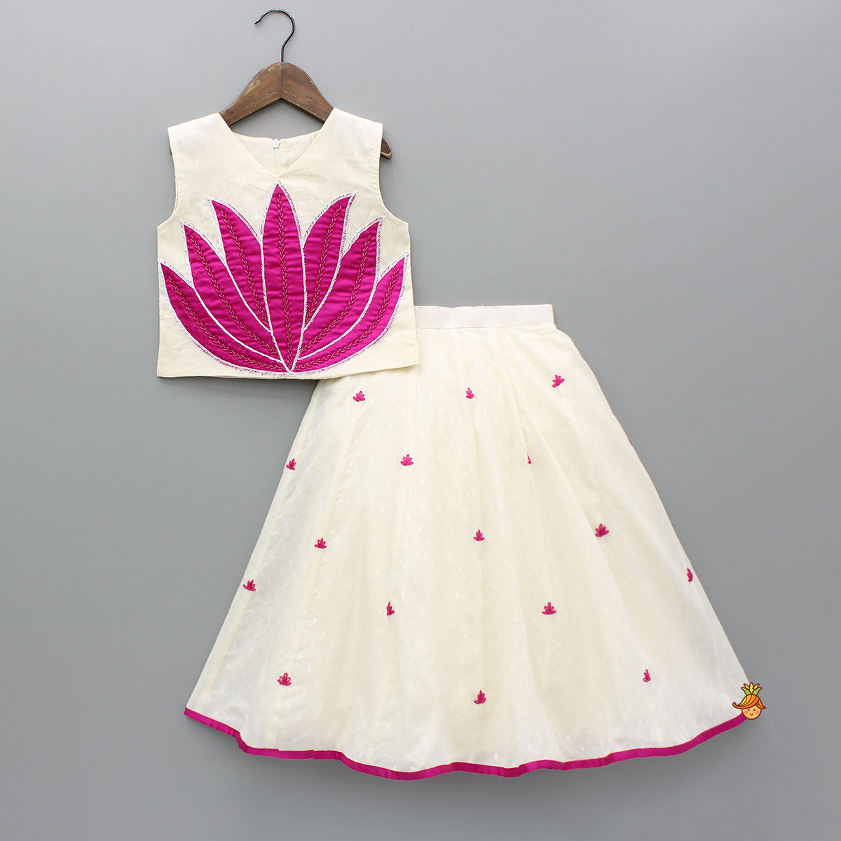 Pre Order: Pink Lotus Applique Embroidered Off White Top And Lehenga With Dupatta