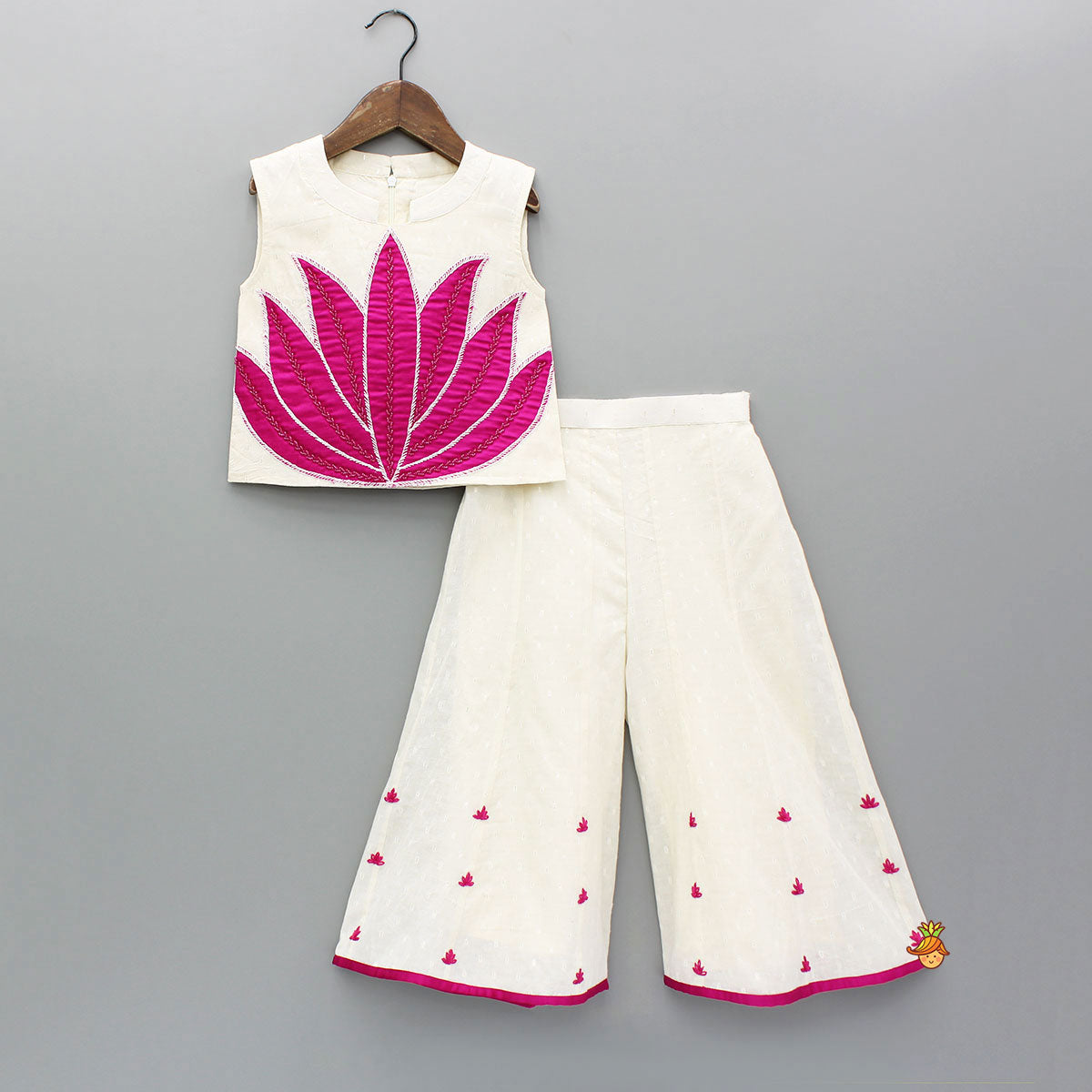 Pre Order: Off White Top With Pink Lotus Applique Embroidery And Palazzo