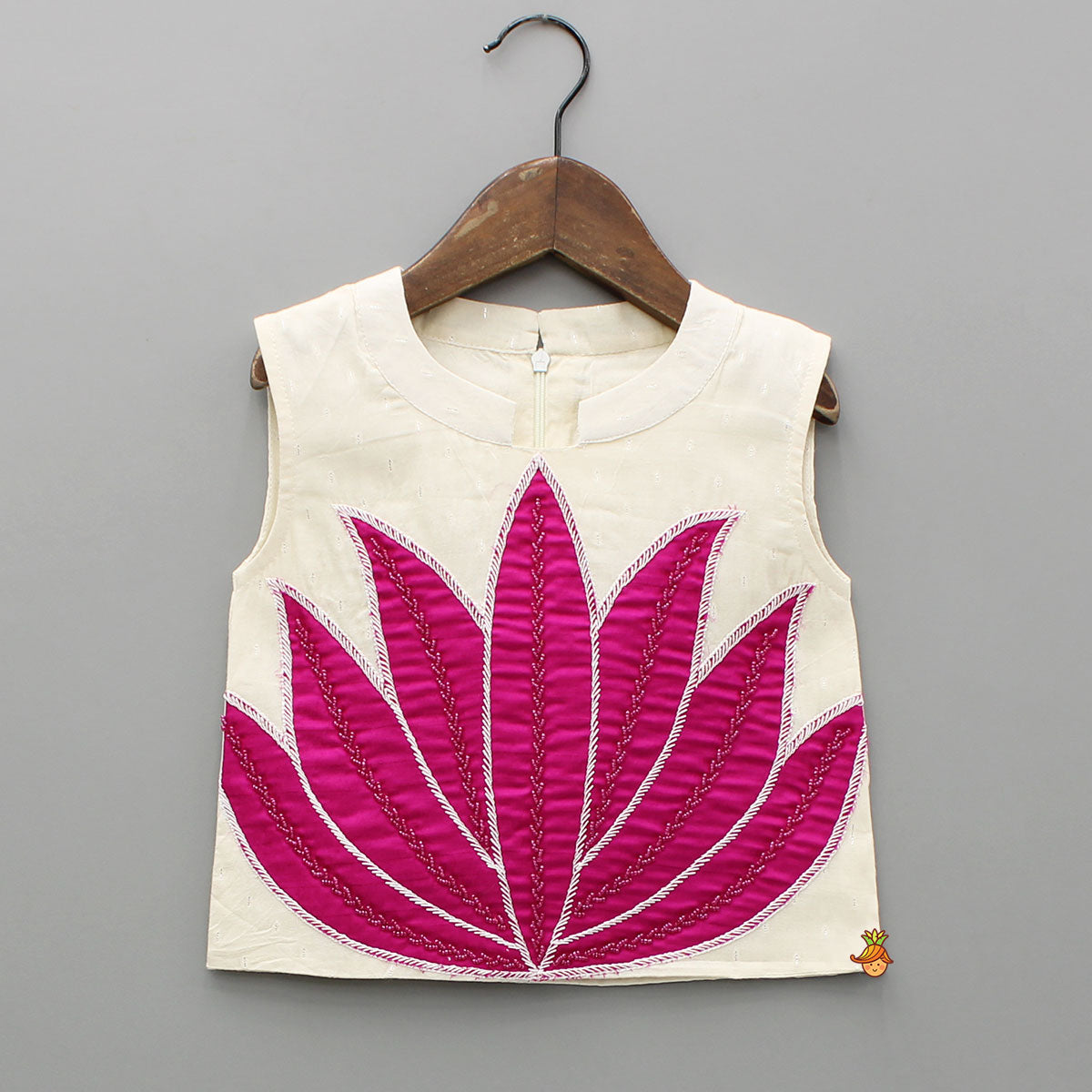 Pre Order: Off White Top With Pink Lotus Applique Embroidery And Palazzo