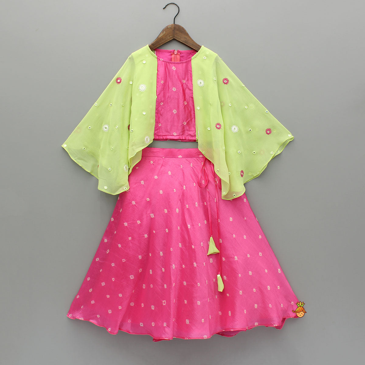 Pre Order: Pink Printed Embroidered Top With Green Contrast Flared Sleeves And Lehenga